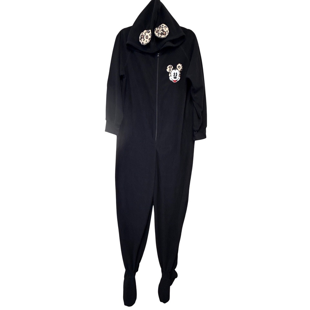 Disney Mickey Mouse Leopard Ear Hooded Fleece Footed Pajamas Union Suit Black L